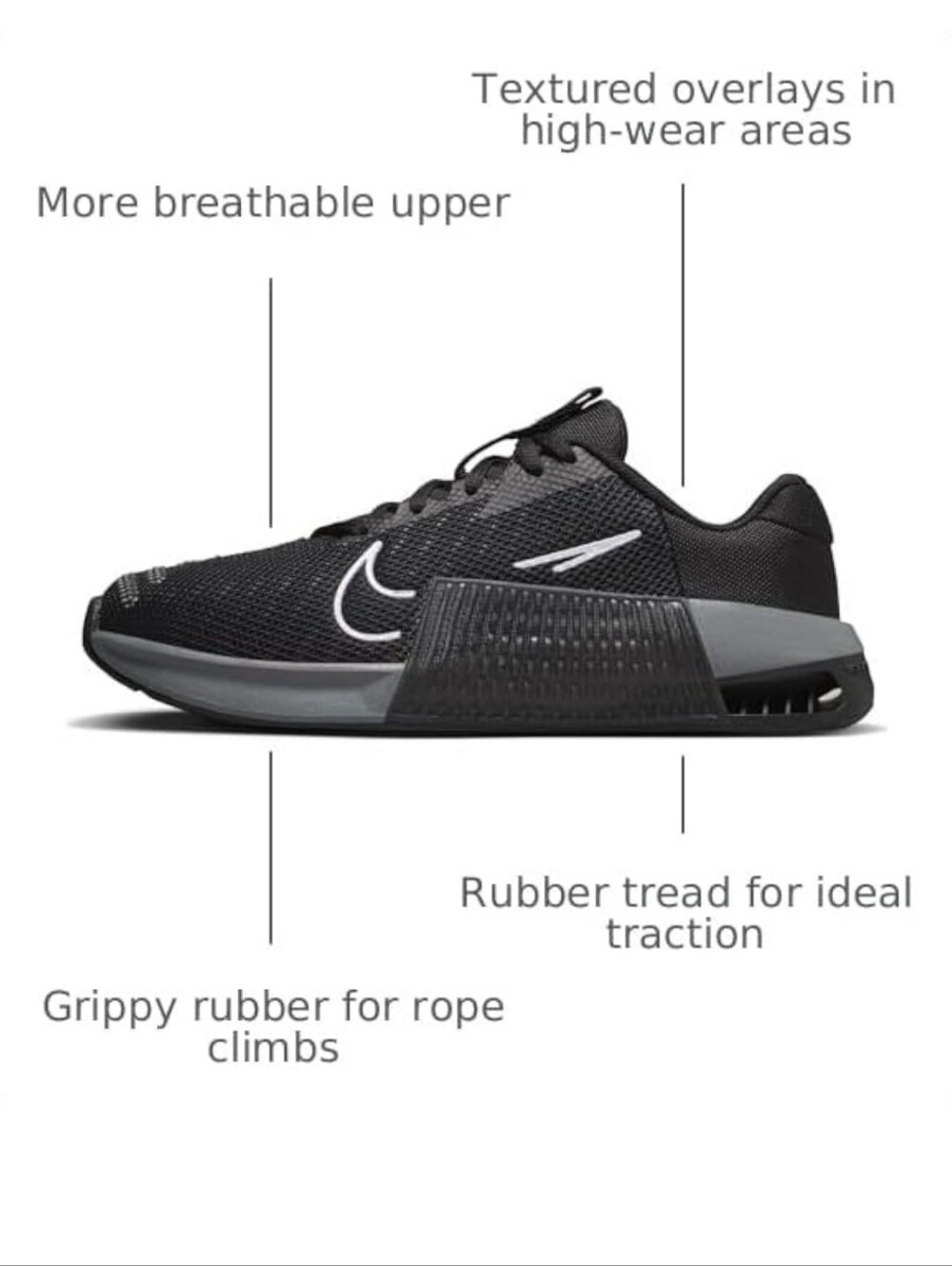 Nike Metcon Women’s Black Athletic Trainers with Gray Accents New Condition 71/2